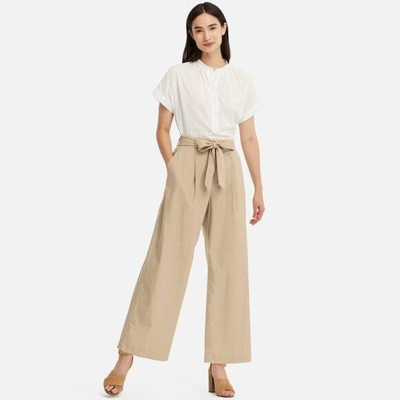 Uniqlo Pants - Uniqlo Pants Womens Small Belted Linen Cotton Wide Leg Beige High Rise Pockets